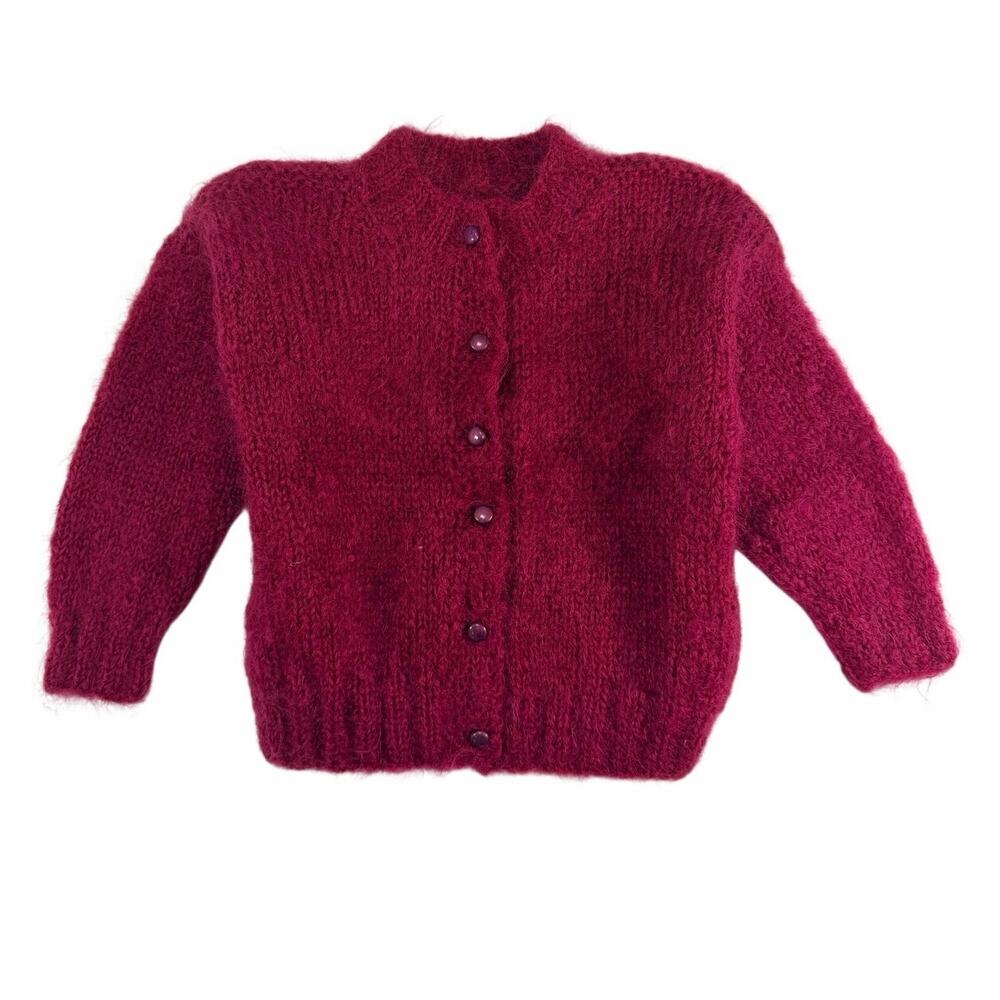 Vintage Kids Hand-Knit Fuchsia Mohair Blend Cardigan – Vibrant Crop Sweater